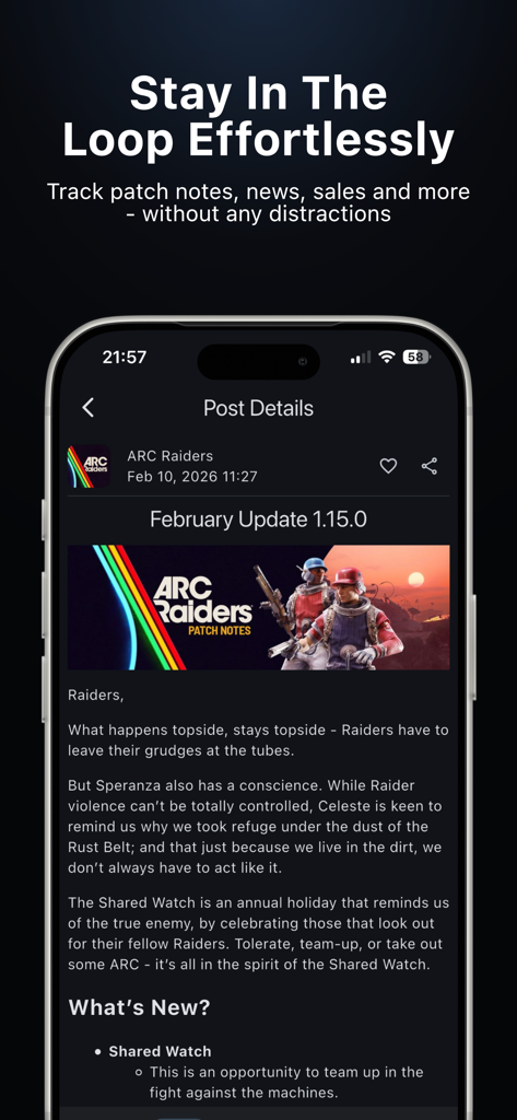 PatchRadar - Mobile screen showing game update details and patch notes in PatchRadar app