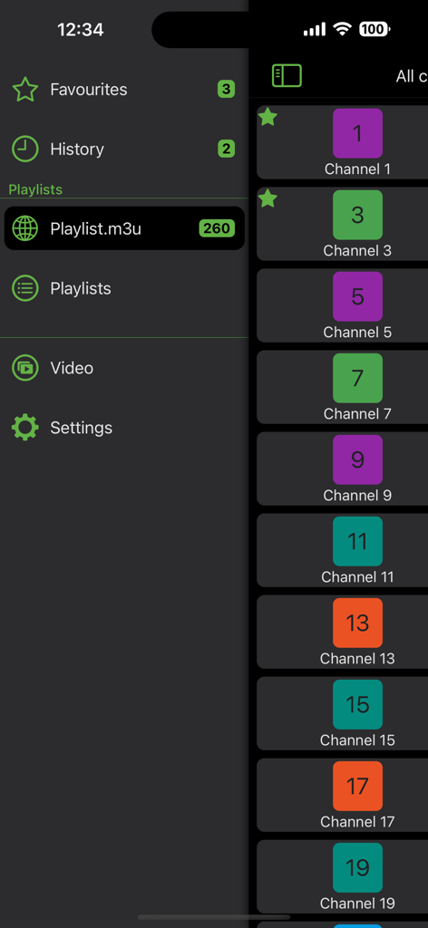 The Flex IPTV mobile interface showing a sidebar menu with navigation options and a list of available TV channels.