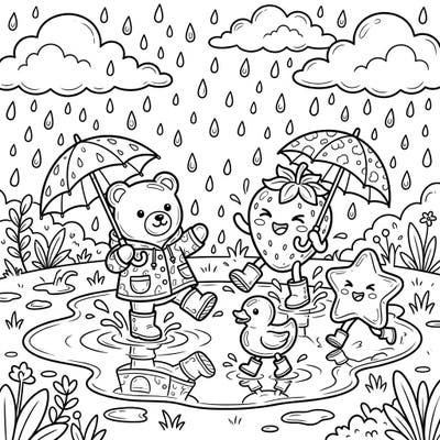 Join a delightful cast of gummy candy friends as they transform a wet day into a vibrant, puddle-splashing adventure. This charming coloring page is ideal for anyone looking to add a touch of sweet cheer to a rainy afternoon.