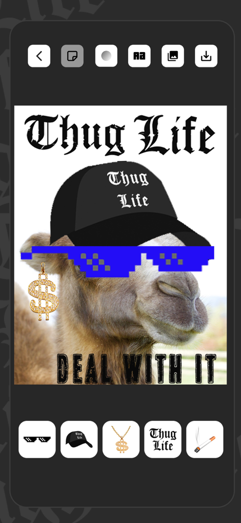 Thug Life Photo Stickers B) - Mobile app interface showing a camel photo edited with Thug Life stickers including pixelated sunglasses, a black hat, and a gold dollar sign chain.