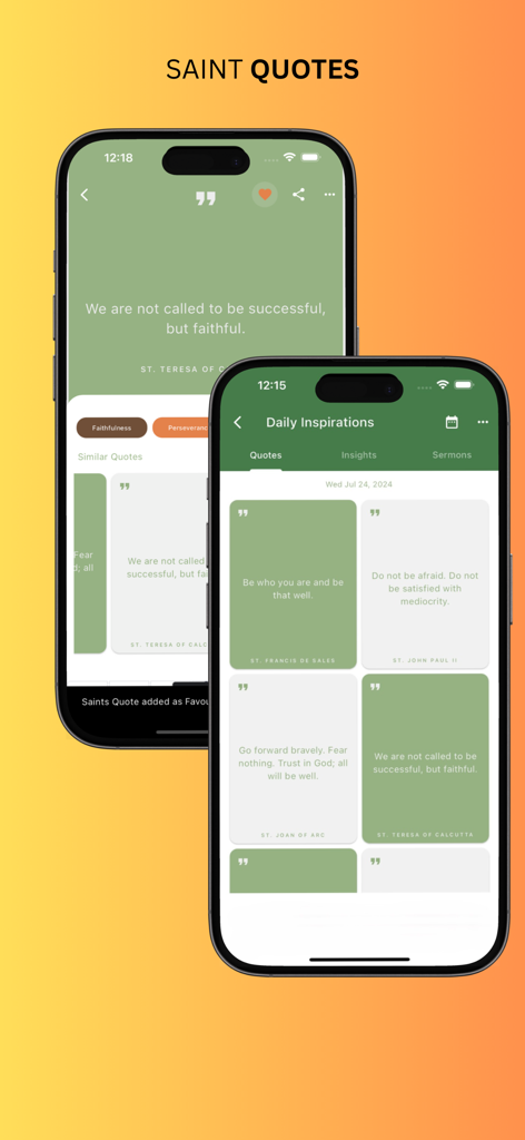 Catholic Daily Mass Reading - Catholic Daily Mass Reading app screen featuring daily inspirational quotes from saints like St Teresa of Calcutta and St Francis de Sales