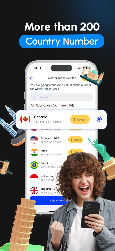 Interfaz de la aplicación GetCode que muestra números de teléfono virtuales internacionales para varios países.