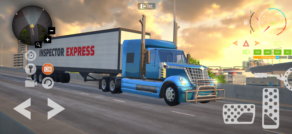 American Truck Car Driving Sim - Un semirremolque azul conduciendo por una autopista al atardecer en el juego móvil American Truck Car Driving Sim.