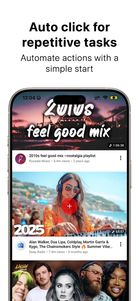 Auto Clicker: Automatic tap+ - Smartphone screen showing the Auto Clicker app automating repetitive tasks within an integrated browser.