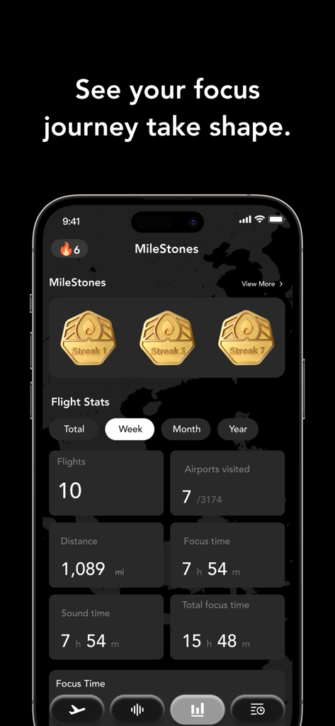 CloudFocus app dashboard displaying streak achievements and weekly focus statistics with an aviation theme