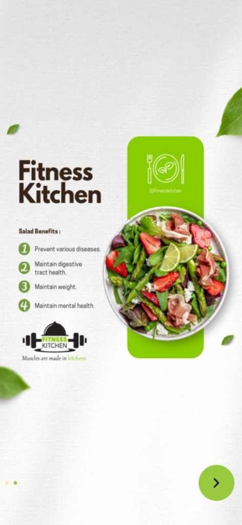 Fitness Kitchen App - Fitness Kitchen app screen showing salad health benefits and a fresh nutritious meal