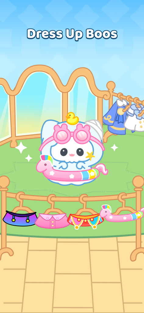 Adoraboo - Raise Boos Together - A white Boo character wearing pink goggles and a unicorn floatie in the wardrobe menu