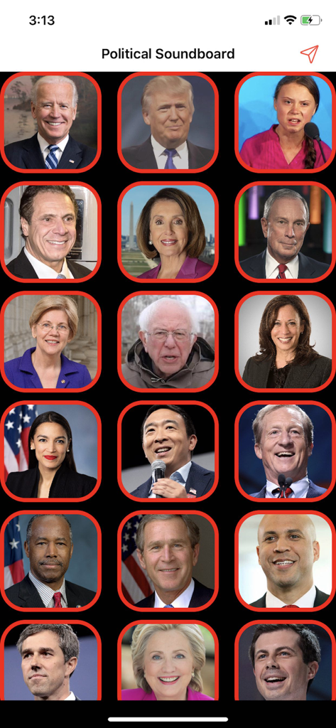Gaffe: Political Soundboard - A grid of portrait icons of various political figures like Biden and Trump on a black background