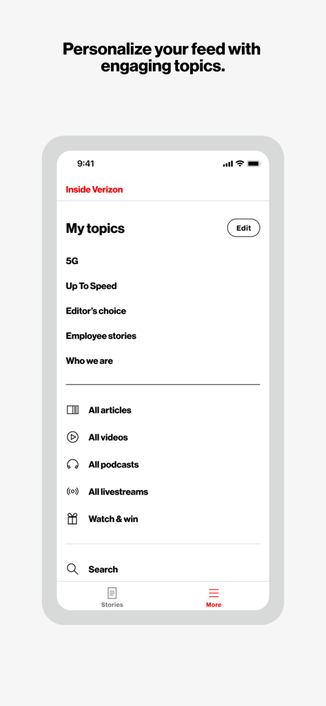 Interfaz de la aplicación Inside Verizon para empleados que muestra la pantalla de personalización con temas como 5G y Up To Speed