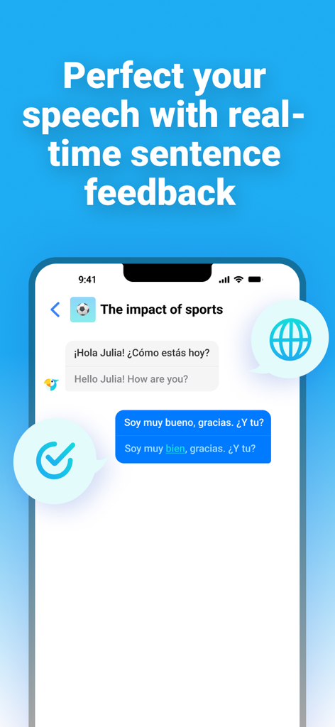 Papagaio - Speak and Learn - Papagaio app interface showing real-time AI feedback and grammar corrections during a Spanish conversation