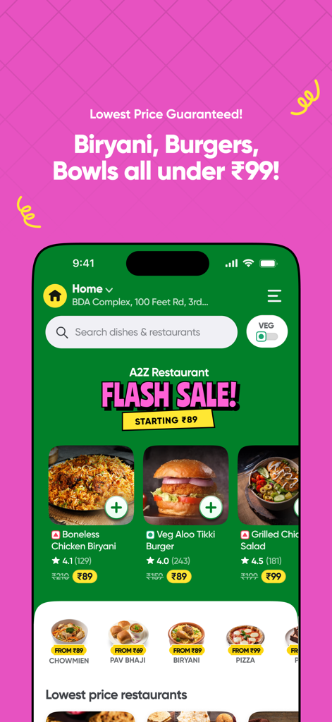 Toing food delivery app interface showing biryani and burgers under 99 rupees