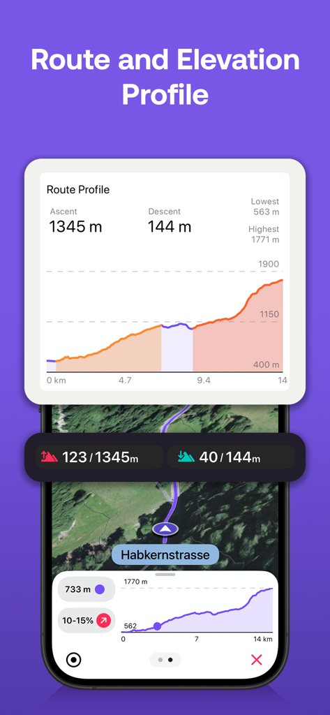 Interfaccia dell'app Magic Earth che mostra un grafico dettagliato del profilo altimetrico del percorso con dati di ascesa e discesa