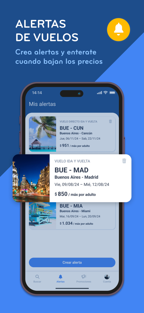 Mobile app screen showing flight price alerts for international destinations like Madrid and Cancun