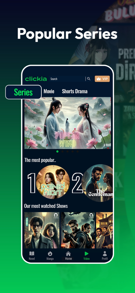 clickia - Clickia app mobile interface showcasing popular video series and most watched shows.