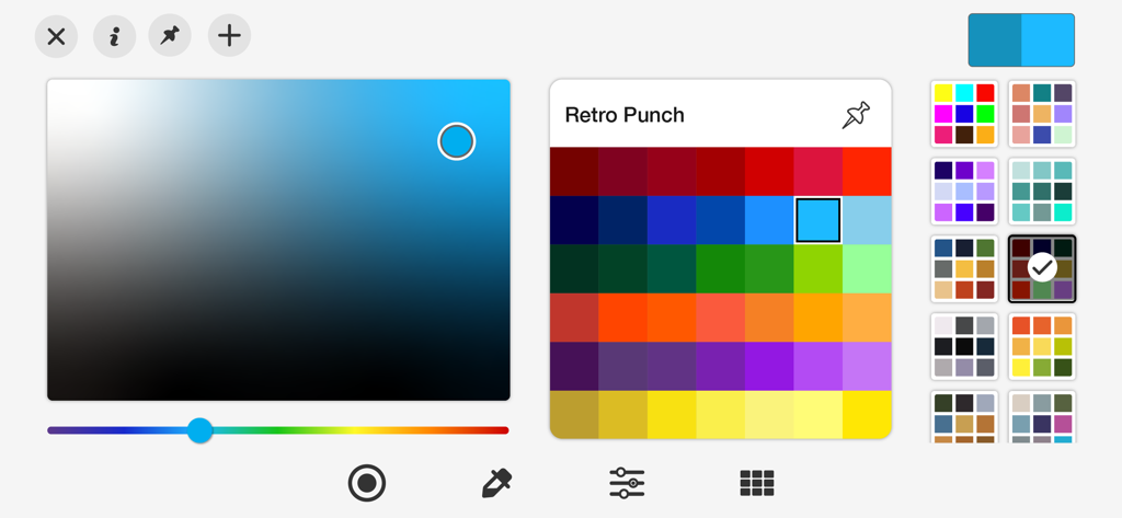 Doodle • Art - Interfaccia di selezione colori dell'app Doodle Art con un campo gradiente personalizzato e la palette preimpostata Retro Punch