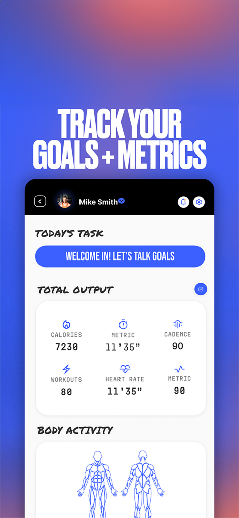 Fitness app dashboard displaying workout metrics and muscle group activity tracking.