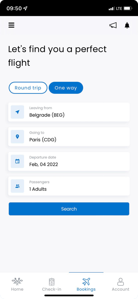 Air Serbia mobile app flight search interface showing booking details from Belgrade to Paris