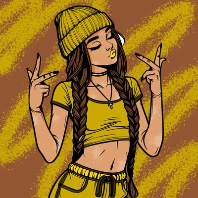 realistic teenage girl with braids and a beanie and crop top doing 🫶🏼
