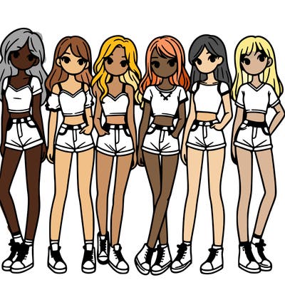 a group of girls wearing crop tops and shorts