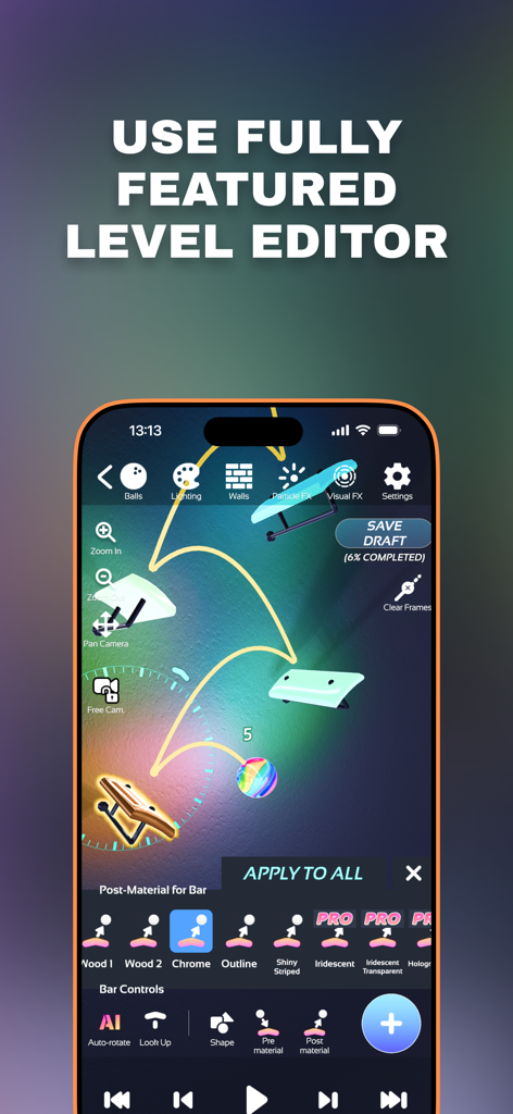 Marble Music – Music Ball Game - Marble Music app level editor showing customization options for lighting walls and materials