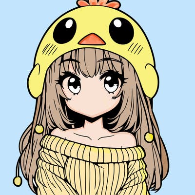 anime girl with chick shaped hat with sweater with bare shoulders with bangs covering them one eye with low tail