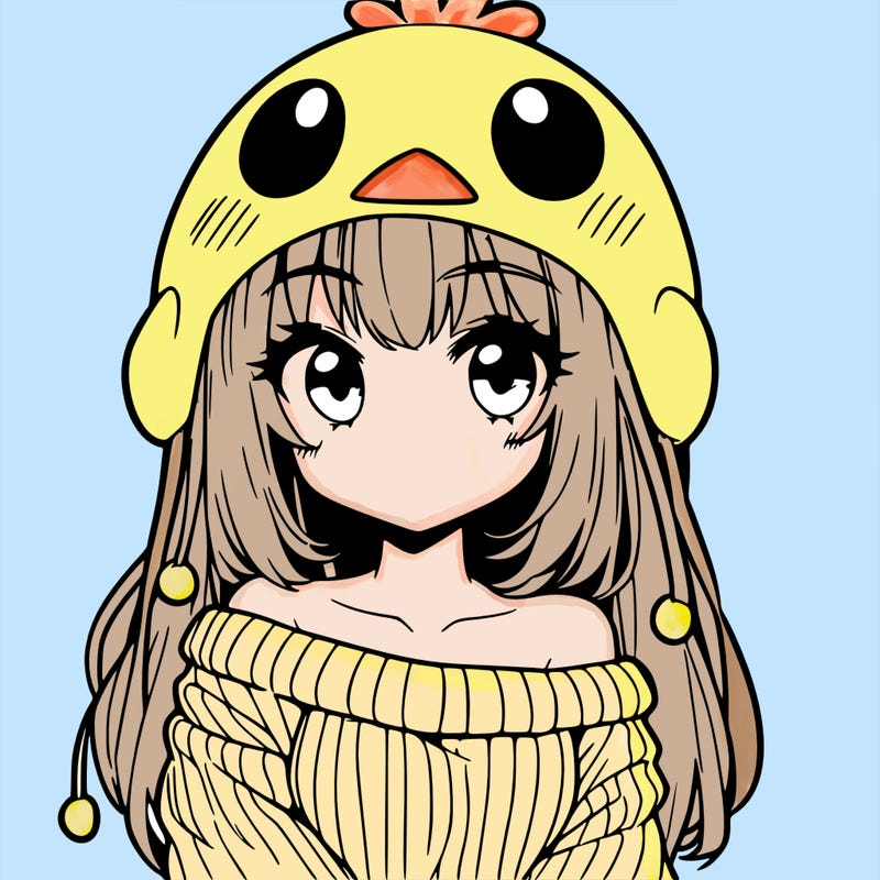 anime girl with chick shaped hat with sweater with bare shoulders with bangs covering them one eye with low tail