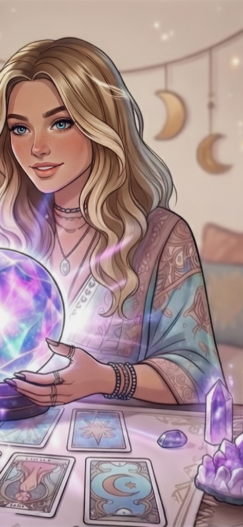 Tarot Reading: Love & Advice - Una donna serena che esegue una lettura di tarocchi con una palla di cristallo luminosa e carte