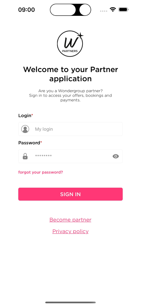Wonderbox Partners - Écran de connexion pour l'application professionnelle Partenaires Wonderbox