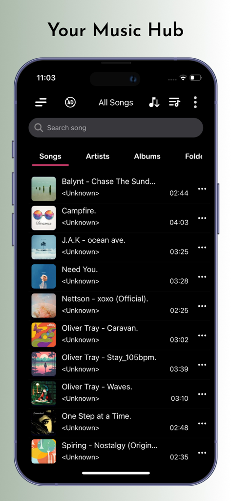 Offline MP3 Music Player - Interfaz de usuario de la aplicación Reproductor de Música MP3 sin Conexión que muestra una lista de canciones en el centro de música.