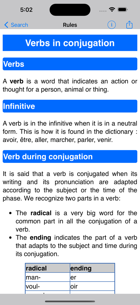 Le Conjugueur - Le Conjugueur app interface showing French grammar rules and verb conjugation structures