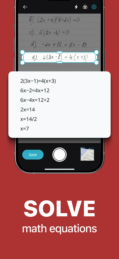 PDF Scanner & Document Editor - Écran de smartphone montrant l'application PDF Scanner résolvant une équation mathématique manuscrite étape par étape.