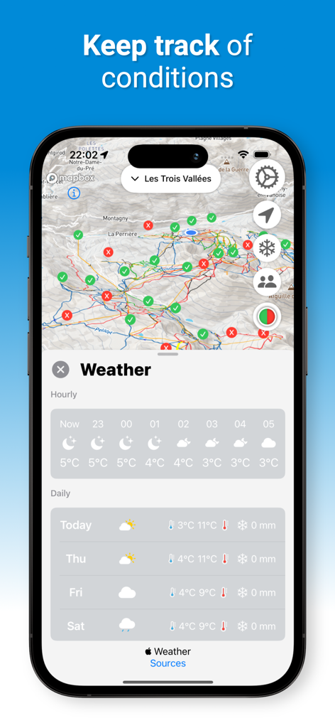 LastLift - Ski & Snowboard - LastLift app interface showing a ski resort map with trail status markers and a weather forecast panel