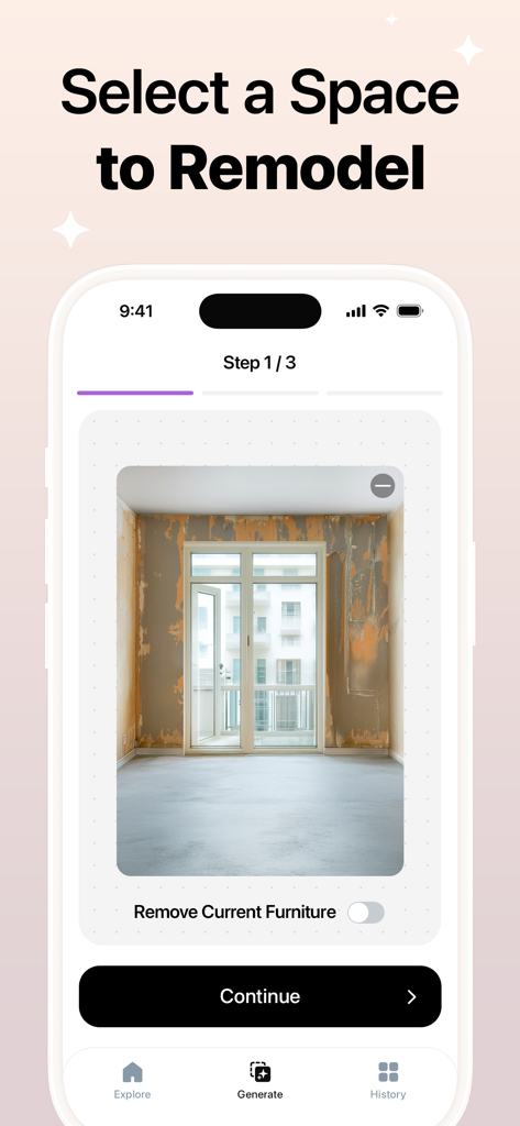 Interium - AI Home Design - A mobile interface for the Interium app showing the first step to select a space to remodel with a photo of an empty room and a remove current furniture toggle.