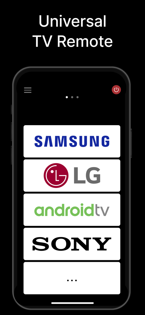 Universal Remote - TV Remote · - Una pantalla de smartphone mostrando la aplicación Control Universal de TV con iconos para Samsung, LG, Android TV y Sony