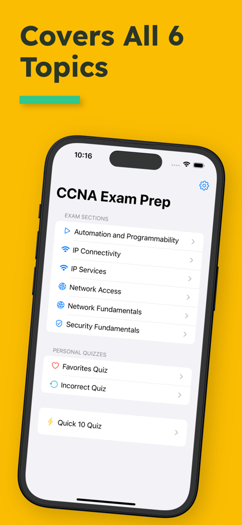 CCNA 200-301 mobile app interface showing the six main exam preparation topics