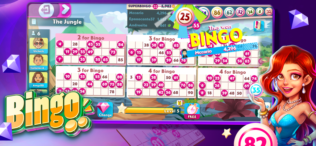 MundiGames - Social Casino - MundiGames Multiplayer-Bingo-Spiel-Interface mit mehreren Karten und Spieler-Avataren