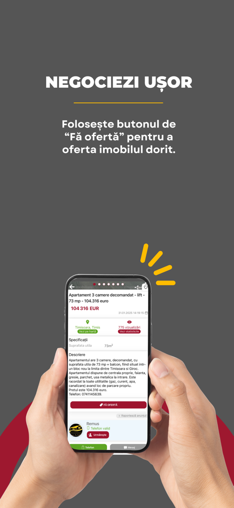 Romimo - A person holding a smartphone displaying a property listing in the Romimo app with a button to make an offer for an apartment in Romania.