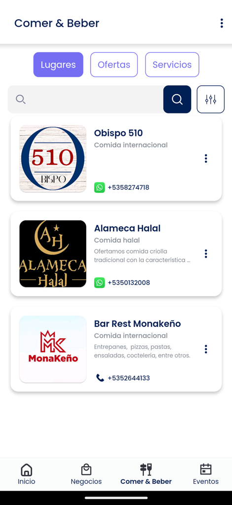 La Lupa App - La Lupa App interface displaying a list of local restaurants and bars