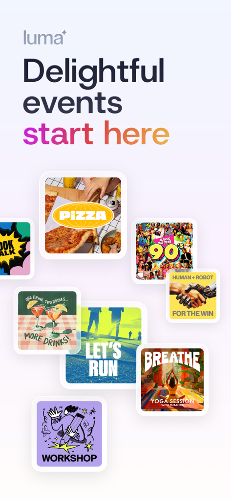 Luma app splash screen with the tagline Delightful events start here and a collage of colorful event cards for pizza parties, run clubs, and yoga sessions.