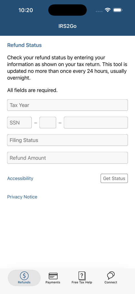 Screenshot of the IRS2Go app Refund Status tool showing input fields for tax year social security number and filing status
