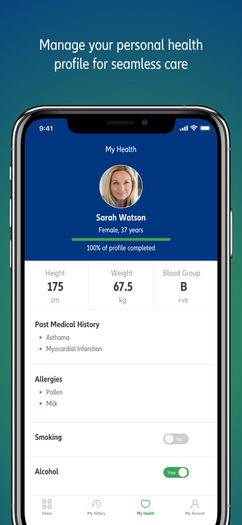 LiveDoc by Health at Hand - Sarah Watson personal health profile in the LiveDoc app showing medical history and body metrics