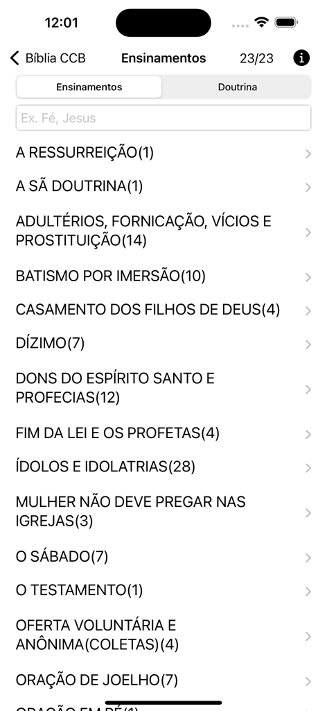 Biblia CCB - Interface do aplicativo Biblia CCB mostrando a lista de ensinamentos e doutrinas religiosas