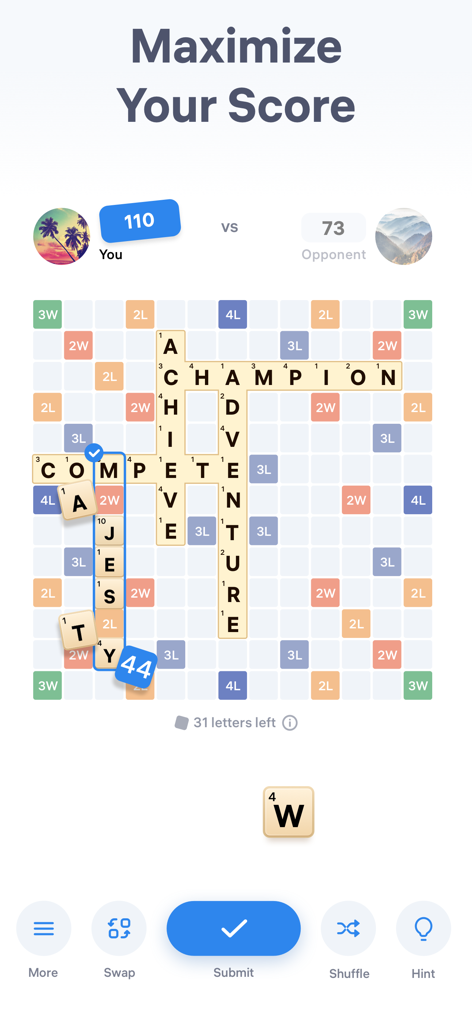 Easy Words - Word Puzzle Games - Easy Words의 스크래블 스타일 단어 퍼즐 게임 보드, 플레이어가 상대방보다 앞서고 있음을 보여줌.