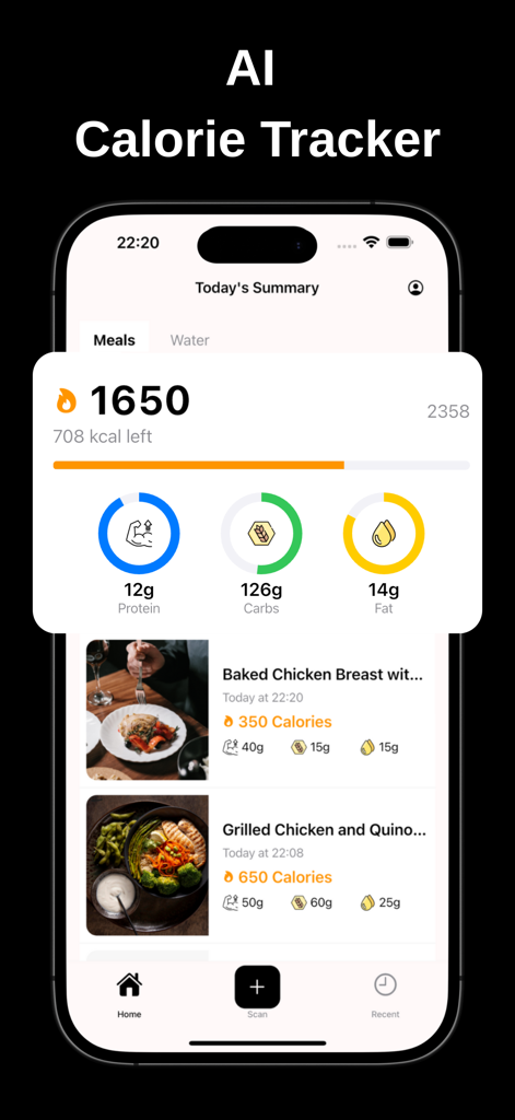 Calo: Calorie Tracker - Dashboard of the Calo app displaying daily calorie intake macro counts for protein carbs and fats and a list of logged meals