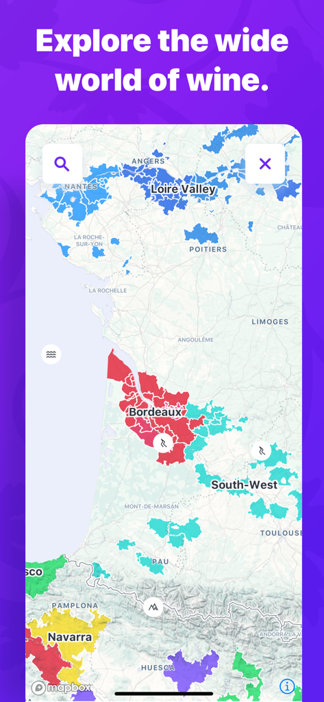 True Wine - Interactive wine map displaying regions like Bordeaux and Loire Valley