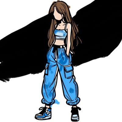 girl in baggy pants crop top and long hair