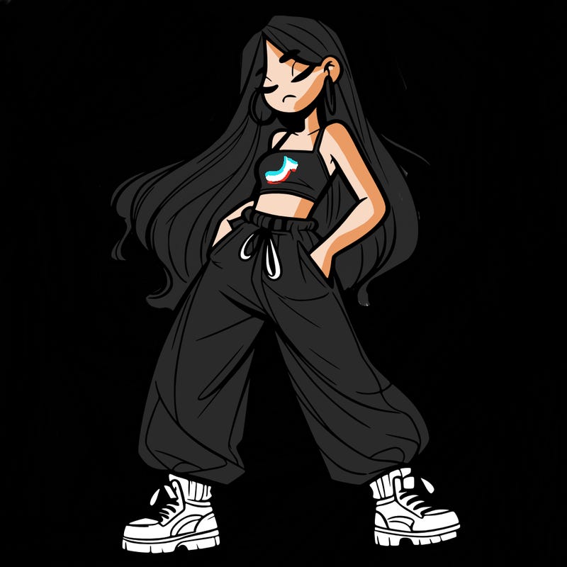 girl in baggy pants crop top and long hair