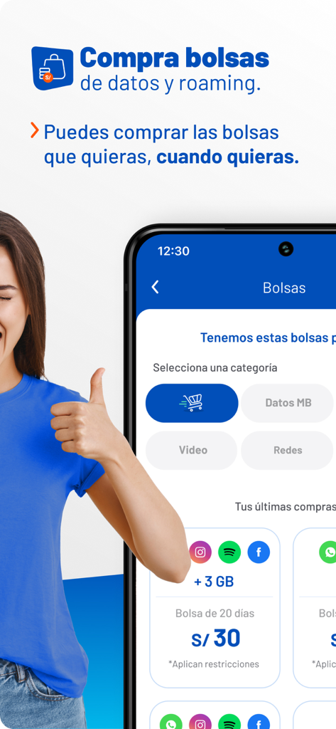 Mi Entel Perú - Mi Entel Peruアプリの画面に、データおよびローミングバンドルの購入オプションが表示され、女性が親指を立てています。