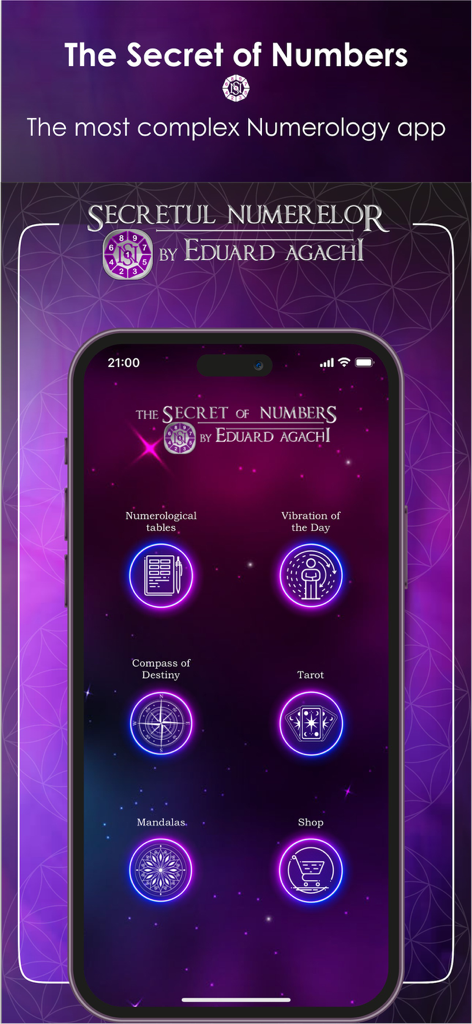 The Secret of Numbers - Pantalla principal de la aplicación de numerología El Secreto de los Números de Eduard Agachi