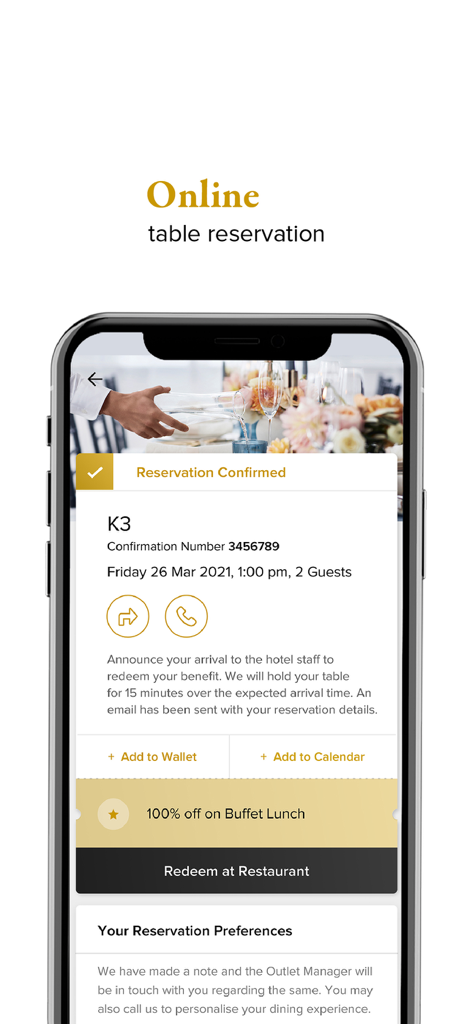 Club Marriott South Asia - Club Marriott South Asiaアプリのレストランのテーブル予約確認を表示するスマートフォンの画面